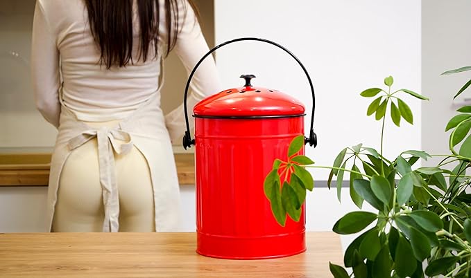 Plexon Countertop Compost Bin Kitchen with Lid, Red 1.5 Gallon Odorless Compost Container, Steel Food Compost Bucket for Kitchen with Charcoal Filter, Pail for Countertop