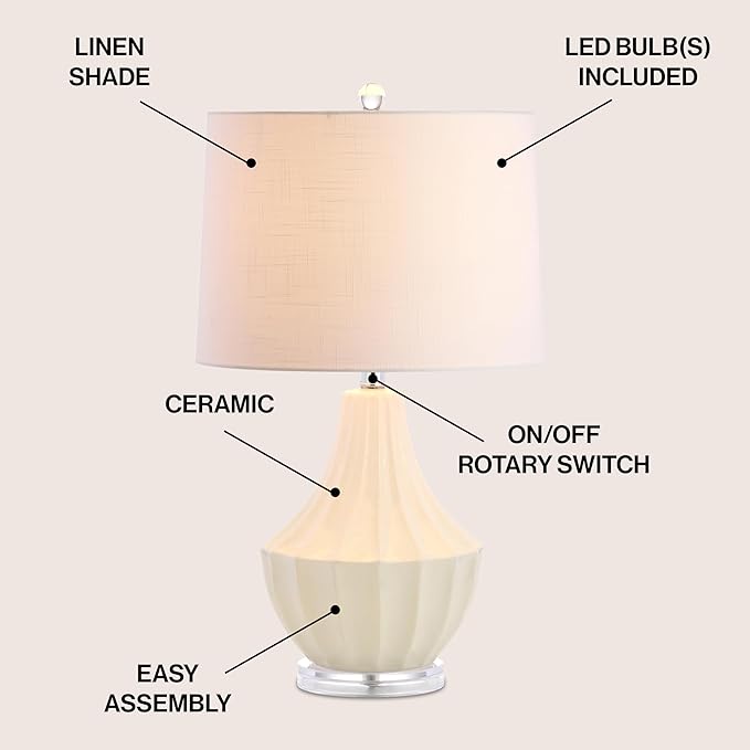 JONATHAN Y 24.5" Cream Ceramic Table Lamp for Bedroom, Modern Bedside Desk Lamp, White Linen Drum Shade, Fluted Gourd for Living Room, LED Bulb Included (JYL8018C)