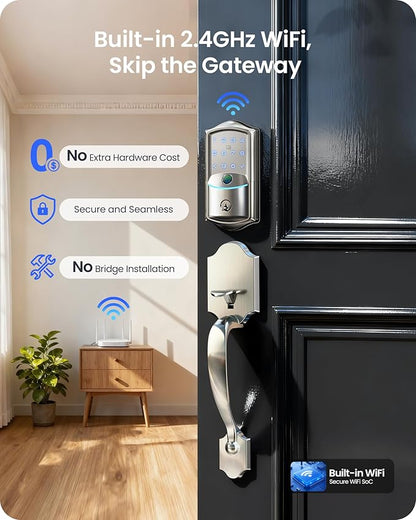 Veise VE027-H Built-in Wi-Fi Fingerprint Smart Deadbolt Lock with Handleset, App Remote & Voice Control, Keyless Entry Front Door Lock Set, Touchscreen Keypad, Auto-Lock, Easy Setup, Satin Nickel