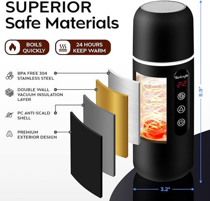 Electric Travel Kettle,12V/24V Car Coffee Warmer Kettle,Portable Hot Water Boiler,Small Hot Water Heater with Built-in Magnetic Induction Stirring
