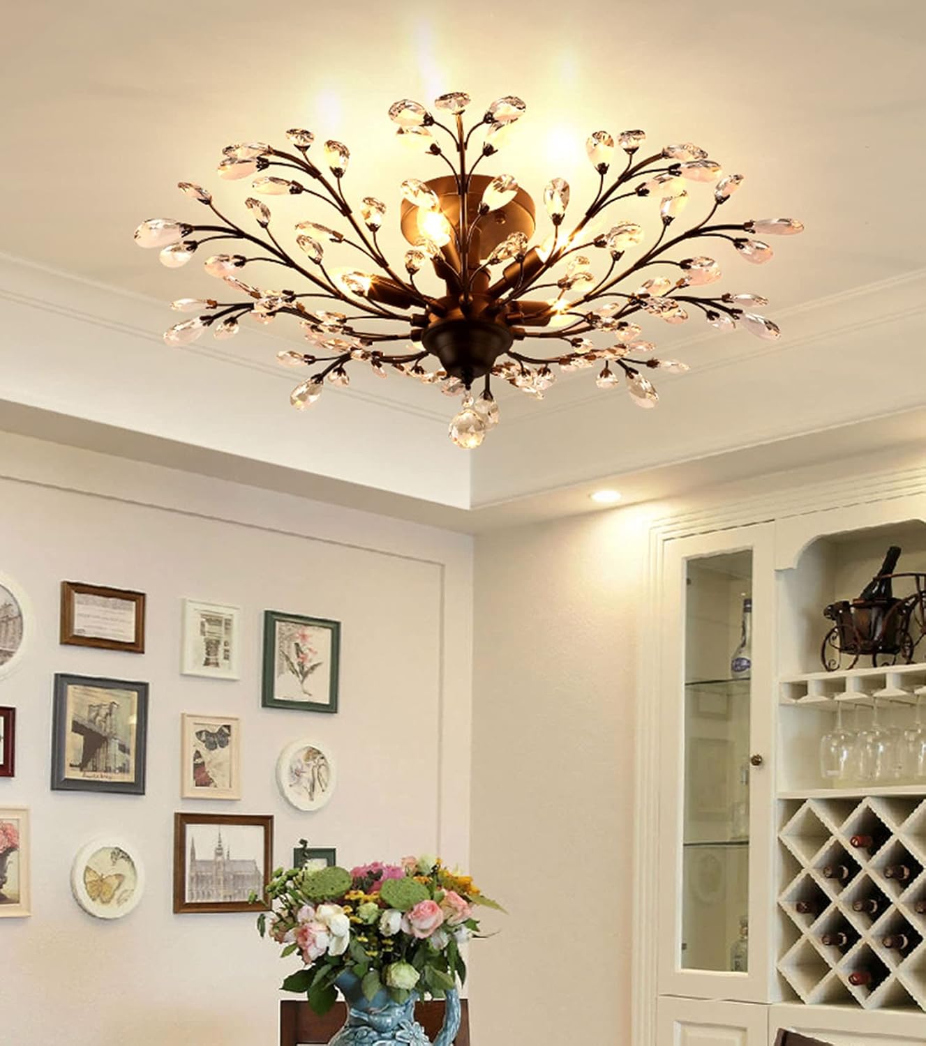 Ganeed Crystal Ceiling Light,Vintage Chandelier, Modern Elegant K9 Crystal Glass Chandelier Flush Mount Ceiling Lighting Fixture for Living Room Bedroom Restaurant Porch- Matte Black - 5 Lights