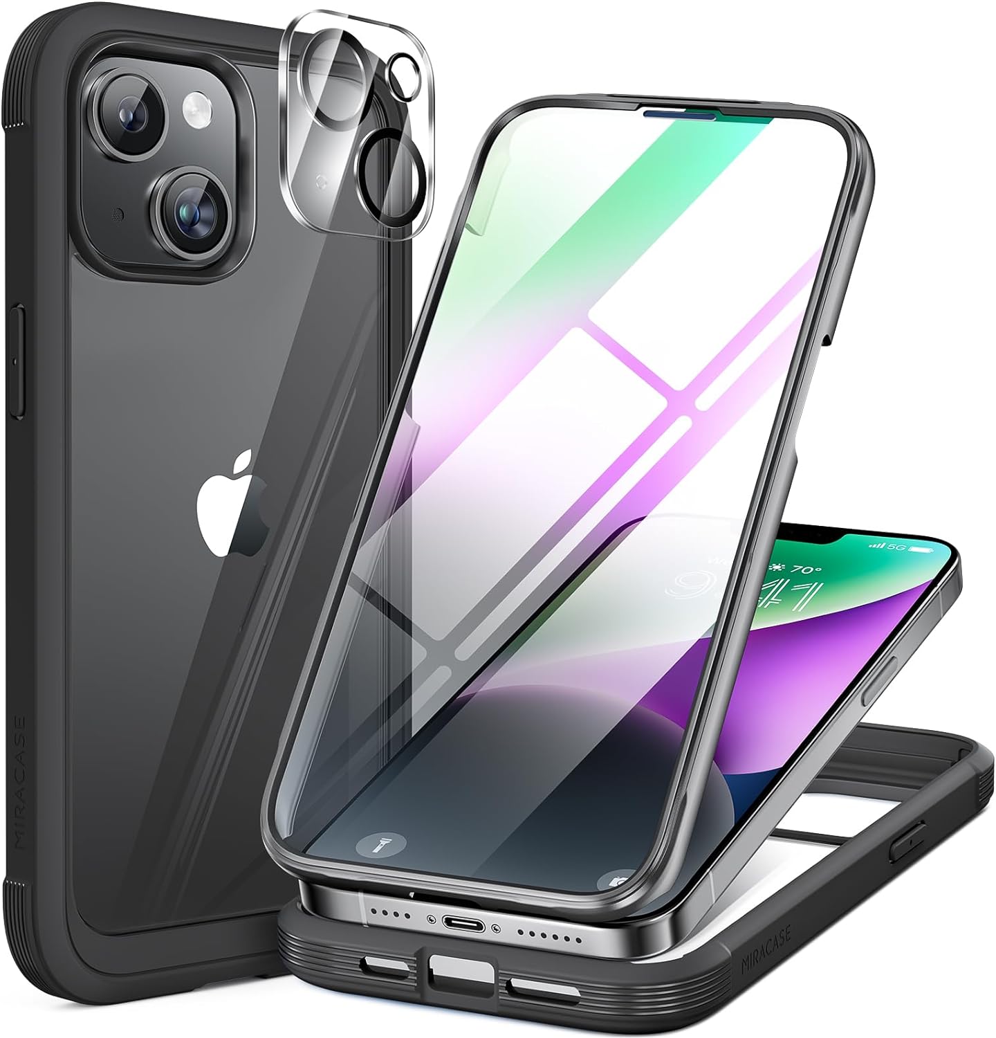 Miracase Designed for iPhone 14 Case 6.1 inch, [Built-in Tempered Glass Screen Protector] [Bubble Free] Full-Body Protective Bumper Phone Case with Camera Lens Protector, Black