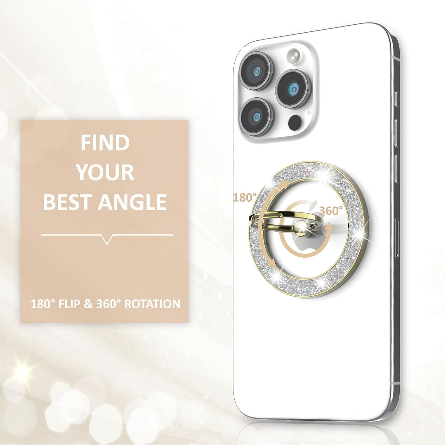 Magnetic Phone Ring Holder for MagSafe, Magnetic Phone Grip for iPhone, Compatible with iPhone MagSafe Wireless Charging. (Glitter Gold)