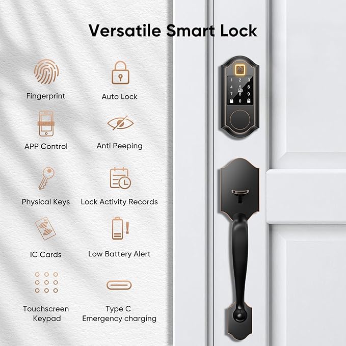 Fingerprint Smart Front Door Lock Set, Keyless Entry Door Lock with Handle, Smart Door Locks, Front Door Handle with Keypad and Deadbolt, APP Control, Touchscreen, Oil Rubbed Bronze