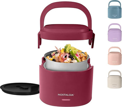 Nostalgia 20-Oz Heated Electric Lunch Box – Portable Food Warmer for Office, Travel, & Car - Perfect for Soup, Pasta, & Light Meals– Leak-Proof Lid, Foldable Handle, Detachable Cord – Cranberry