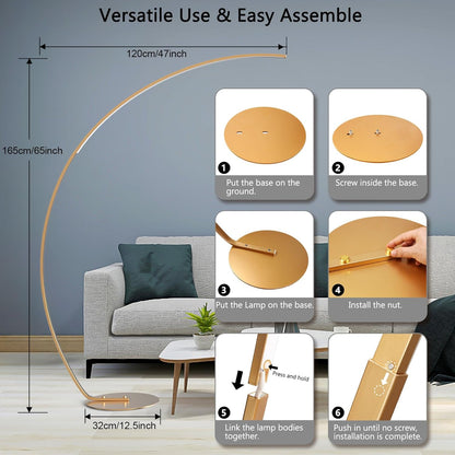 NUÜR Arc Floor Lamp, 67" Tall Gold LED Modern Standing Floor Lamp with Remote Control, Arched Bright Floor Lamps for Living Room Bedroom Office Home