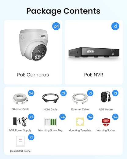 ZOSI C220 4K 8MP 8CH POE NVR Security Camera System (16CH Expandable), 4 x 8MP PoE IP Dome Cameras Outdoor Indoor, AI Human/Vehicle/Face Detection, One-Way Audio, 100ft IR Night Vision, 2TB HDD