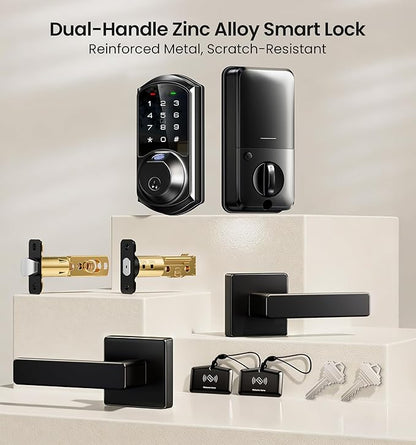 Veise VE07-L Fingerprint App Control Smart Locks with Heavy-Duty Zinc Alloy Handles, Keyless Entry for Front Door, Digital Electronic Touchscreen, Auto Lock, Waterproof, Easy Install, Matte Black