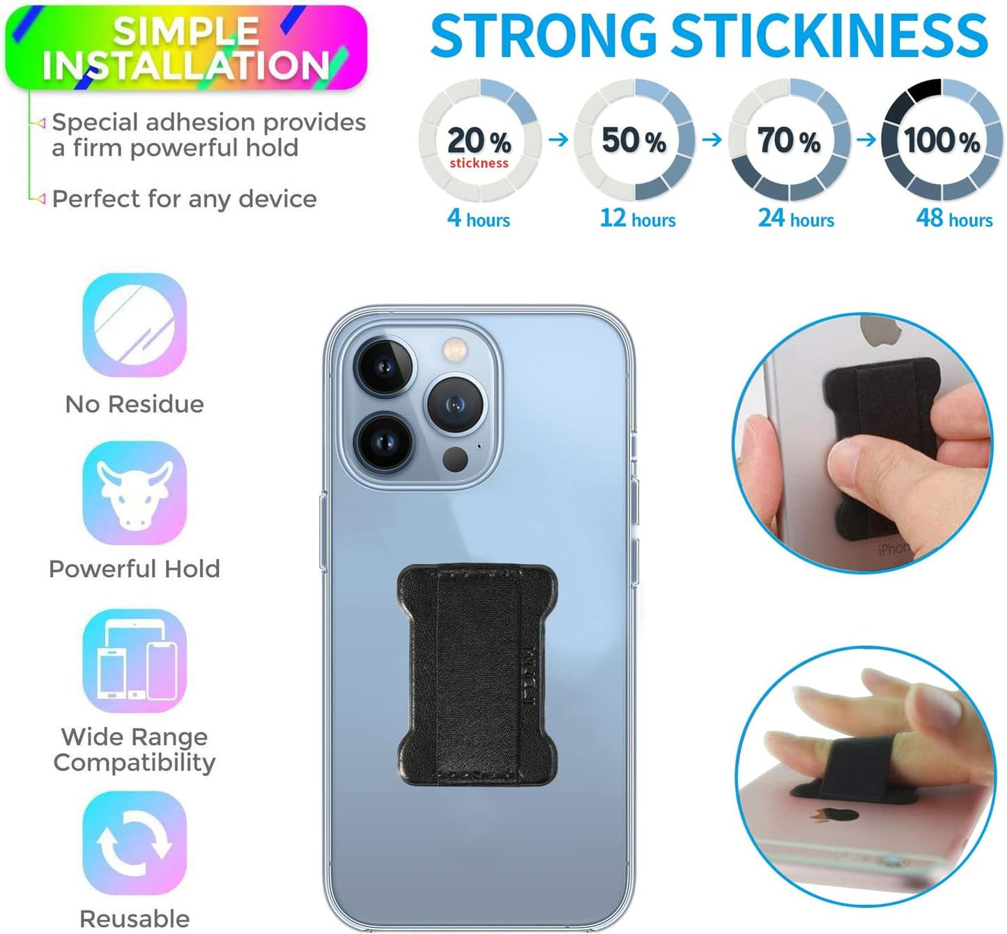 Universal Phone Grip for Smartphones - Phone Holder for Hand for Back of Phone - Wireless Charging Compatible (Black Blue) - 2Pack