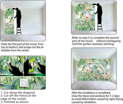 Tropical Green Botanical Flower Birds Leaf Wallpaper Bedroom Plant Floral Mural Room Decor Living Room tv Background Large Wall Mural - 91"x65" (Not Peel and Stick)