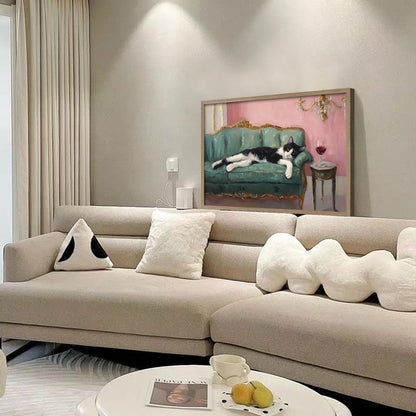 Wooden Framed Black And White Cat Wall Art Modern Style Canvas Print Lazy Persian Cat Poster Picture Decoration Painting Gallery Style Artwork Suitable For Living Room Bedroom Decoration 12x16 Inch