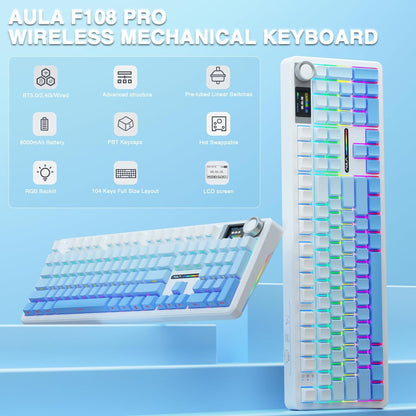 AULA F108 PRO - Wireless Mechanical Keyboard with Screen&Knob,Hot Swappable Gaming Keyboard with 8000mAh Battery,Pre-lubed Switches,RGB Backlit,PBT Keycaps Creamy Sounding Computer Keyboards,104 Keys