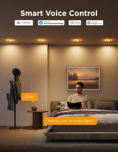 Govee Smart Recessed Lighting 4 inch, RGBIC LED Recessed Light Compitable with Matter and Alexa, 2700K-6500K Dimmable 900LM Canless Downlight with Junction Box for Bedroom, 4 Pack