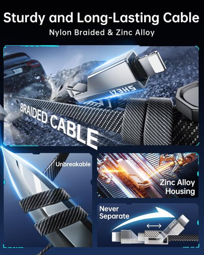 SHEZI [Upgraded 2.0] 4-in-1 USB C Cable 60W 3FT Fast Charging [480Mbps Data Transfer] Flat Nylon Braided Charger Cord Combo, USB A/C to C/L Multi Charge Cable for iPhone/iPad & Most Devices, Grey