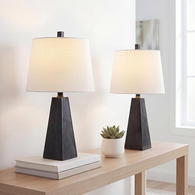 JONATHAN Y 20.5" Black Marble Finish Modern Resin Table Lamp for Bedroom Living Room, Contemporary Faceted Bedside Lamp with White Linen Shade, LED Bulb Included (JYL1037D-SET2)