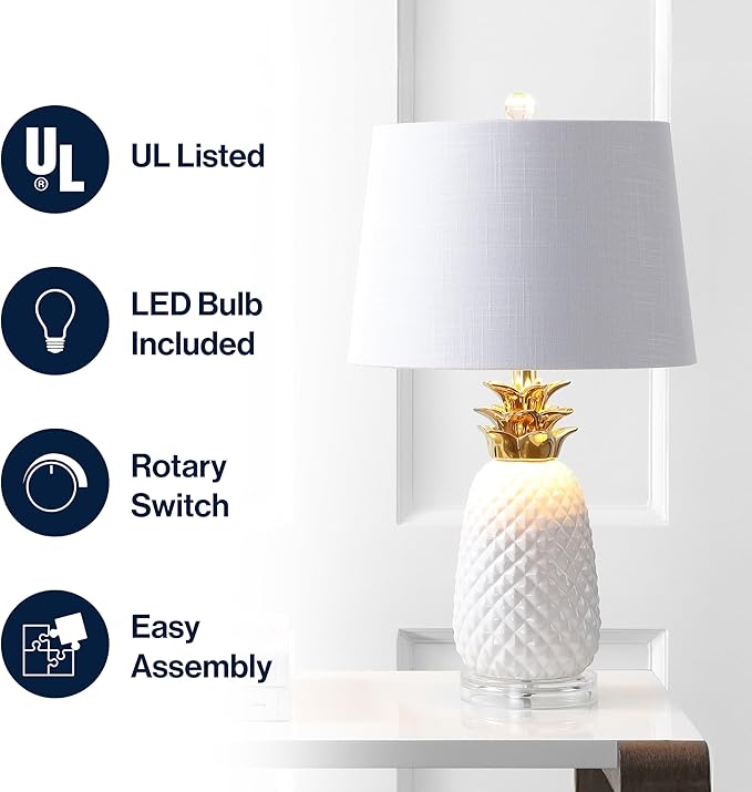 JONATHAN Y 23" White/Gold Pineapple Ceramic Table Lamp for Bedroom Decor, Modern Whimsical Bedside Nightstand Lamp with White Linen Drum Shade and LED Bulb (JYL4019C)