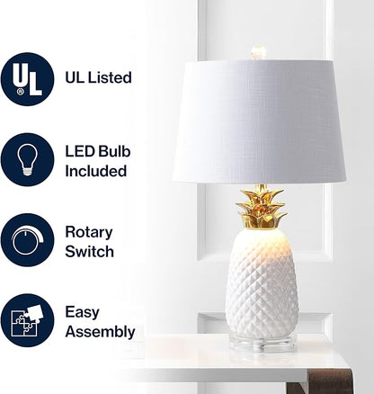 JONATHAN Y 23" White/Gold Pineapple Ceramic Table Lamp for Bedroom Decor, Modern Whimsical Bedside Nightstand Lamp with White Linen Drum Shade and LED Bulb (JYL4019C)