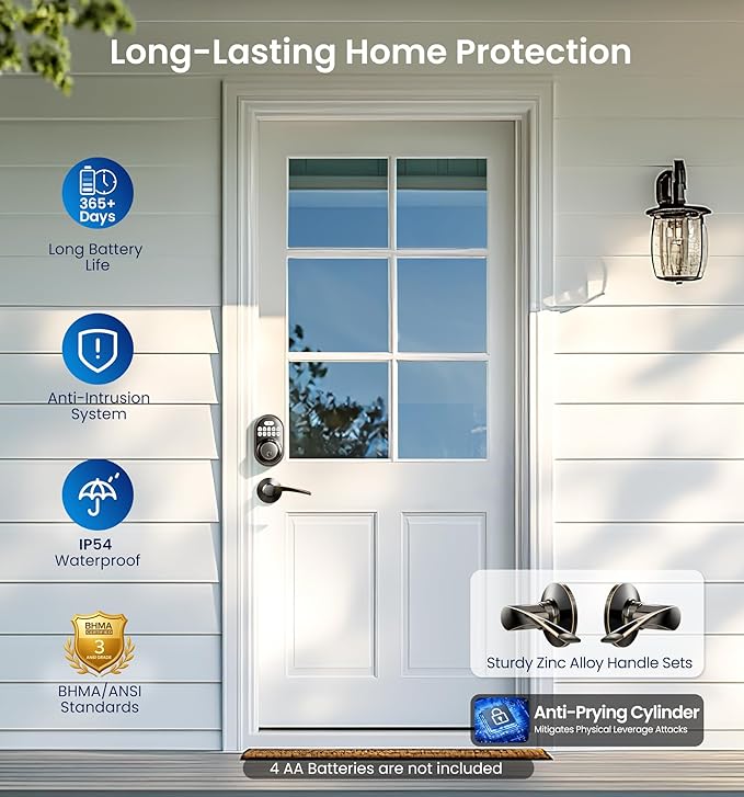 Veise Keyless Entry Door Lock with 2 Lever Handles - Electronic Keypad Deadbolt, Auto Lock, Back Lit & Easy Installation Design, Front Door Handle Sets, Oil Rubbed Bronze