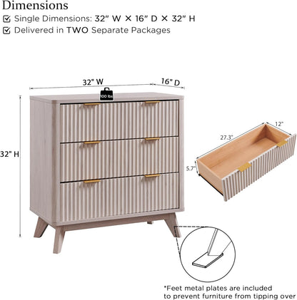 T4TREAM 32" Tall Fluted Nightstand Set of 2, Modern Side Table with 3 Drawers, End Table w/Storage, Bedside for Bedroom, Living Room, Curved Profile Design, White Alder