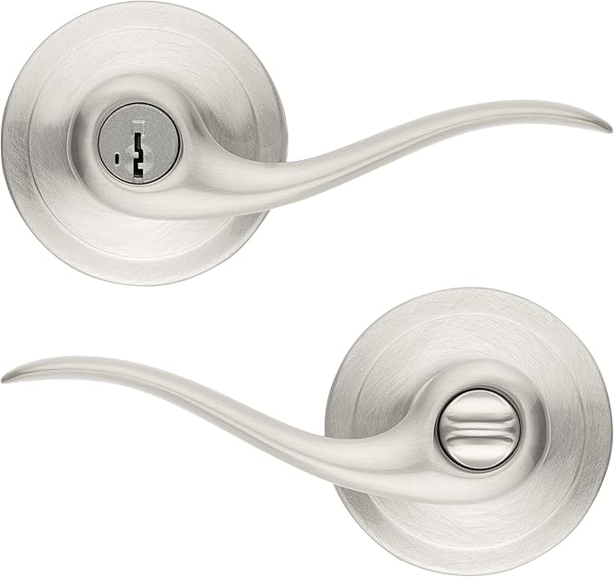 Kwikset Tustin Entry Door Handle with Lock and Key, Secure Keyed Reversible Lever Exterior, Doorlock, For Front Entrance and Bedrooms, Satin Chrome, Pick Resistant Smartkey Rekey Security