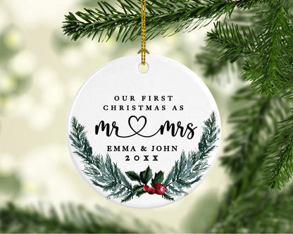 Andaz Press Personalized Our First Christmas As Mr. & Mrs. Christmas Ornaments Holly & Pine Wreath 2.8" Round Porcelain Ceramic Custom 1St Year Married Christmas Ornament 2024 for Newlyweds 1-Pack