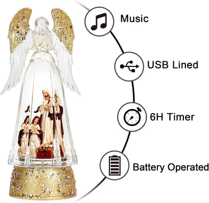 Christmas Snow Globe Lantern Water Glittering Angel & Nativity with Music & Timer, USB Lined/Battery Operated Lighted Lantern for Christmas Festival Decoration Gifts