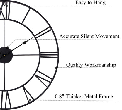 30 Inch Wall Clock Decorative, Oversized Large Black Metal Roman Numeral Silent Wall Clocks for Modern Farmhouse Living Room Decor