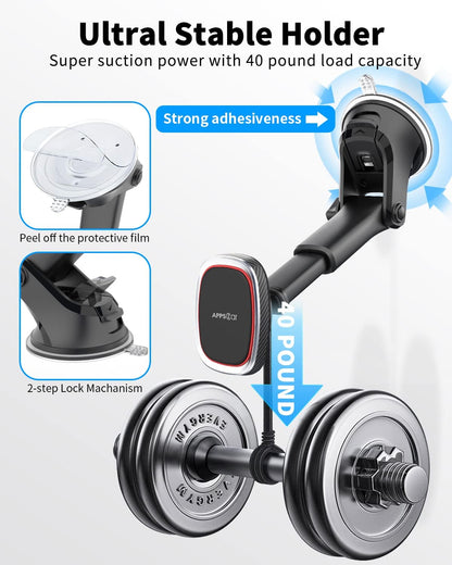 APPS2Car Magnetic Phone Mount, Dashboard Windshield Suction Cup Car Phone Holder Phone Mount with 6 Strong Magnets, Adjustable Telescopic Arm, Compatible with iPhone/Pro/Max/All Smart Phones