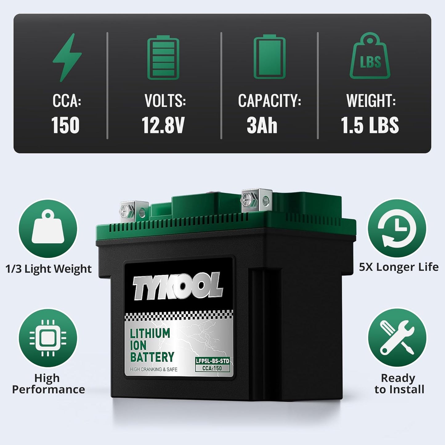 TYKOOL YTX5L-BS YTZ7S 2X Cranking Amps 150A, Lithium LiFePO4 Motorcycle Battery,12.8V 3Ah, Digital Readout, Fits for ATV,Honda Rukus Scooter,Moped