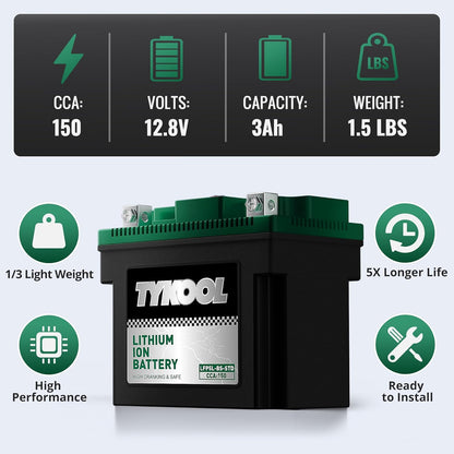 TYKOOL YTX5L-BS YTZ7S 2X Cranking Amps 150A, Lithium LiFePO4 Motorcycle Battery,12.8V 3Ah, Digital Readout, Fits for ATV,Honda Rukus Scooter,Moped