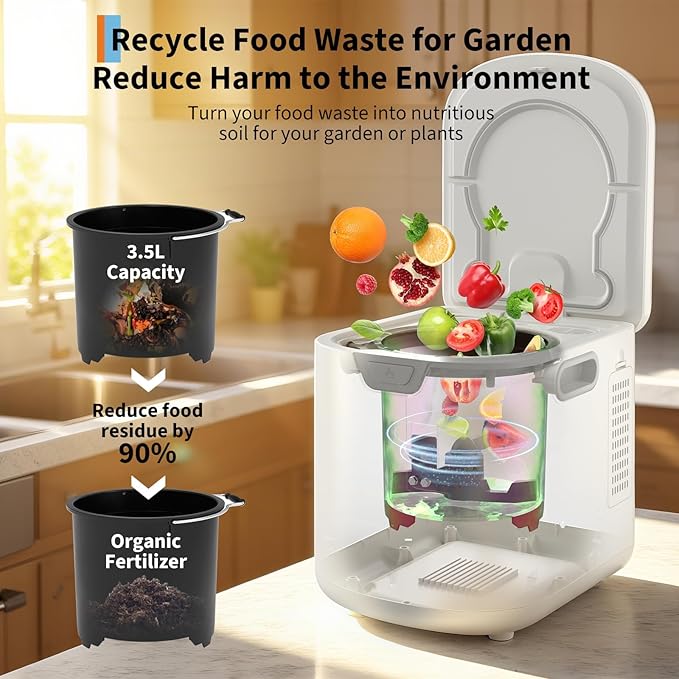 3.5L Fully Automatic Kitchen Compost Bin,Indoor Electric Food Waste Recycler with One-Click Cleaning & LED Display,Fast Fermentation to Organic Fertilizer,Eco-Friendly Countertop Composter