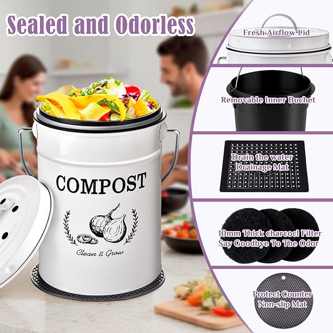 AOSION Countertop Compost Bin Kitchen,Odorless Indoor Compost Bin with Lid and Compost Bags,Compost Bucket Composter Container for Food Waste,White