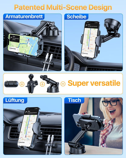 YRU [2025 Upgrade Extreme Strong Suction] Car Phone Holder Mount,[Bumpy Road Stable] Dashboard Cell Phone Holder for Car Vent Windshield Phone Stand for iPhone 16 15 14 13 Pro Max Samsung Truck, Grey