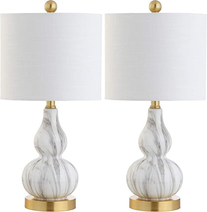 JONATHAN Y 20.5" Black/White Glass Table Lamp, Modern Gourd Bedside Nightstand Lamp for Bedroom, Living Room, White Linen Shade, LED Bulb Included (JYL1028D-SET2)