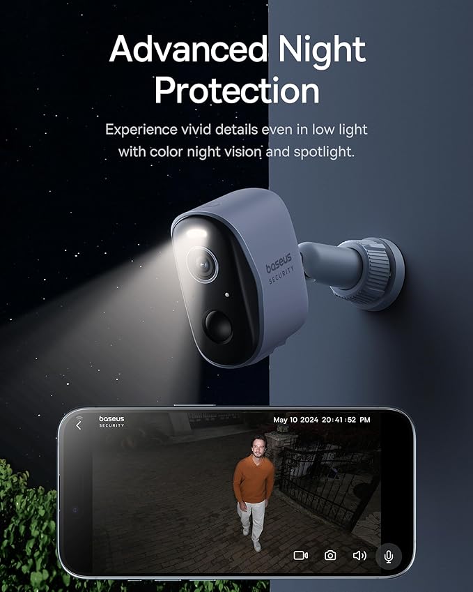 Baseus Wirelsss Cameras for Home Security, N1 3-Cam Kit with 2K Clarity, No Monthly Fee, 16TB Expandable Local Storage, 210-Day Battery Life, Spotlight & Alarm, Compatible with Alexa and Google Home