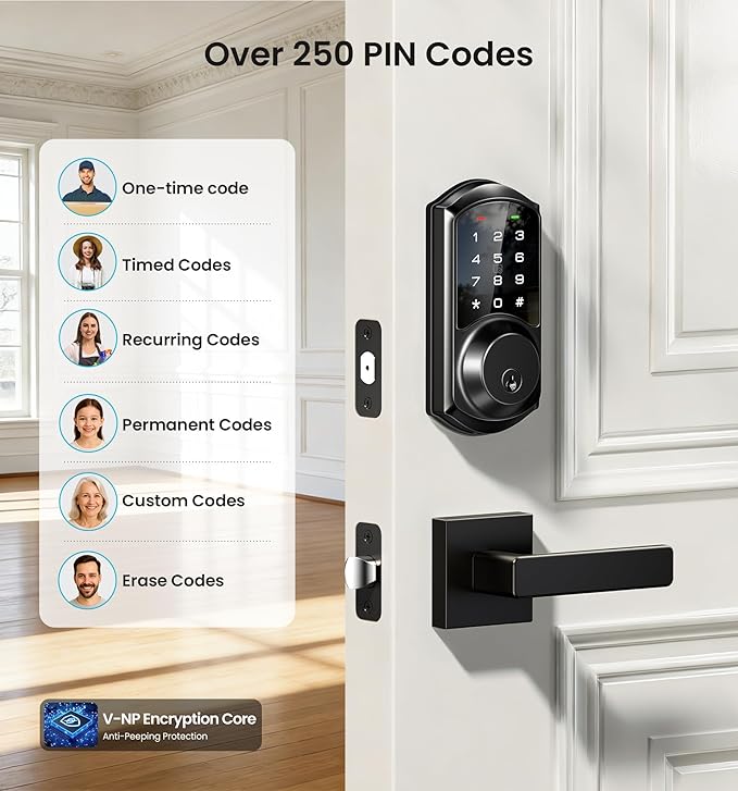 Veise VE06-L Smart Locks with 2 Lever Handle Set, App Control, Keyless Entry Deadbolt for Front Door, Electronic Digital Touchscreen Keypad, Auto Lock, Waterproof, Easy Installation, Matte Black