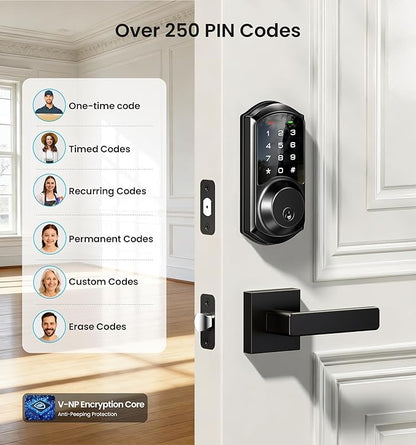 Veise VE06-L Smart Locks with 2 Lever Handle Set, App Control, Keyless Entry Deadbolt for Front Door, Electronic Digital Touchscreen Keypad, Auto Lock, Waterproof, Easy Installation, Matte Black