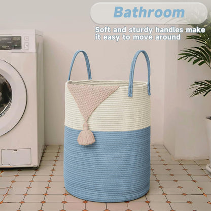 Large Woven Laundry Basket Hamper,80L Cotton Rope Storage Bin for Blankets,Toys and Clothes,Decorative Tall Nursery Hamper for Living Room,Baby Nursery,Bathroom and Bedroom,White and Blue