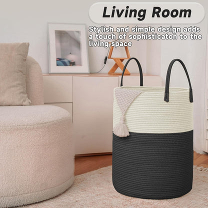 Large Woven Laundry Basket Hamper,100L Cotton Rope Storage Bin for Blankets,Toys and Clothes,Decorative Tall Nursery Hamper for Living Room,Baby Nursery,Bathroom and Bedroom,White and Black