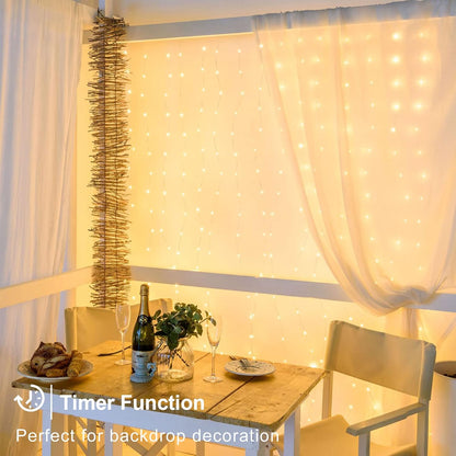 Curtain Lights Battery Operated 200 LED Curtain Fairy Lights 6.6×6.6ft with Remote Timer Outdoor Wall Light Fully Waterproof for Wedding Backdrops Bedroom Decor (Warm White)