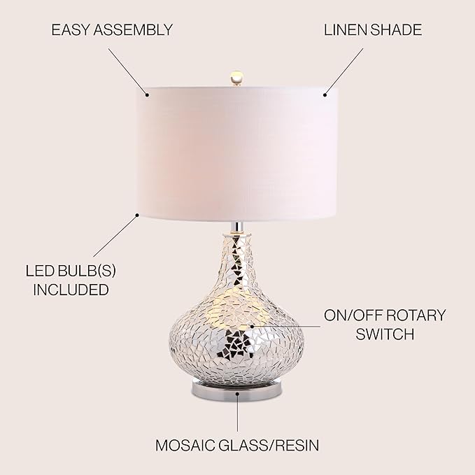 JONATHAN Y JYL1056A Emilia 26" Mirrored Mosaic LED Table Lamp Contemporary Glam Bedside Desk Nightstand Lamp for Bedroom Living Room Office College Bookcase LED Bulb Included, Silver
