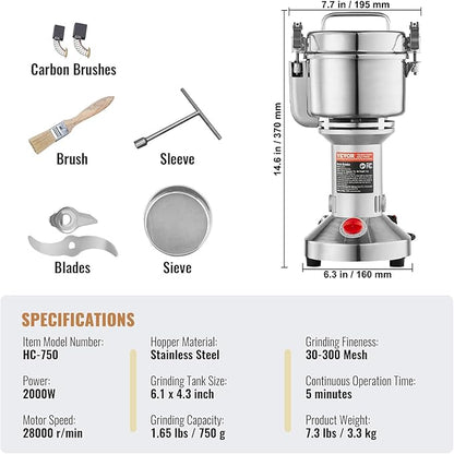 VEVOR 750g Electric Grain Mill Grinder, High Speed 2000W Commercial Spice Grinders, Stainless Steel Pulverizer Powder Machine, for Dry Grains Spices Cereals Coffee Corn Pepper, Straight Type