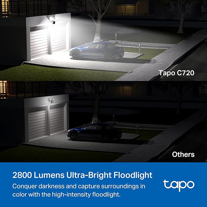 Tapo 2K+ Outdoor Wired Floodlight Security Camera - 2800 Lm Dimmable, Motion Activated, Person & Vehicle Detection, 24/7 Recording, Subscription-Free Local Storage or Optional Cloud, C720