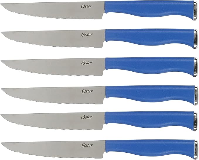 Oster Langmore 15-Piece Stainless Steel Cutlery Knife Block Set with Classic Blue Handles – Full Kitchen Knife Set in Black Storage Box