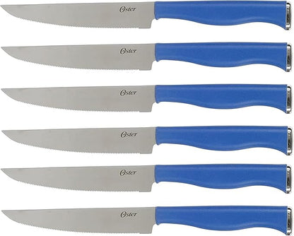 Oster Langmore 15-Piece Stainless Steel Cutlery Knife Block Set with Classic Blue Handles – Full Kitchen Knife Set in Black Storage Box