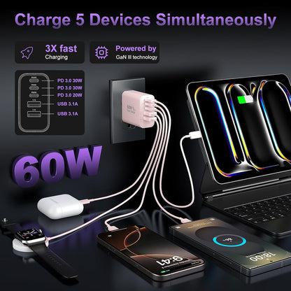 USB C Fast Wall Charger Block, 2Pack 60W USBC Charging Cubes, 5-Port PD+QC Power Adapter Multiport Brick Type C Box Plug for Phone 16/15/14/13/12/11/Pro Max/Plus, Pad Mini/Pro/S25/S24-Pink