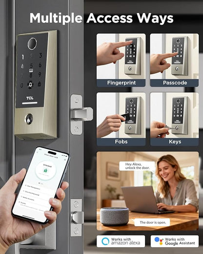 TCL Smart Lock D2 Plus, Fingerprint Door Lock with Keyless Entry Security Electronic Deadbolt for Front Door, Built-in Doorbell, Compatible with Alexa, Auto Lock, Easy Install