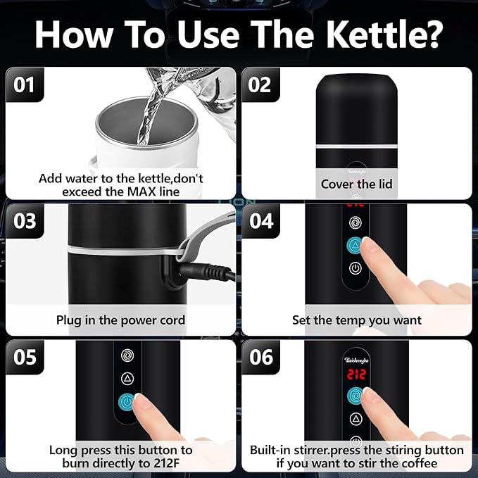 Electric Travel Kettle,12V/24V Car Coffee Warmer Kettle,Portable Hot Water Boiler,Small Hot Water Heater with Built-in Magnetic Induction Stirring