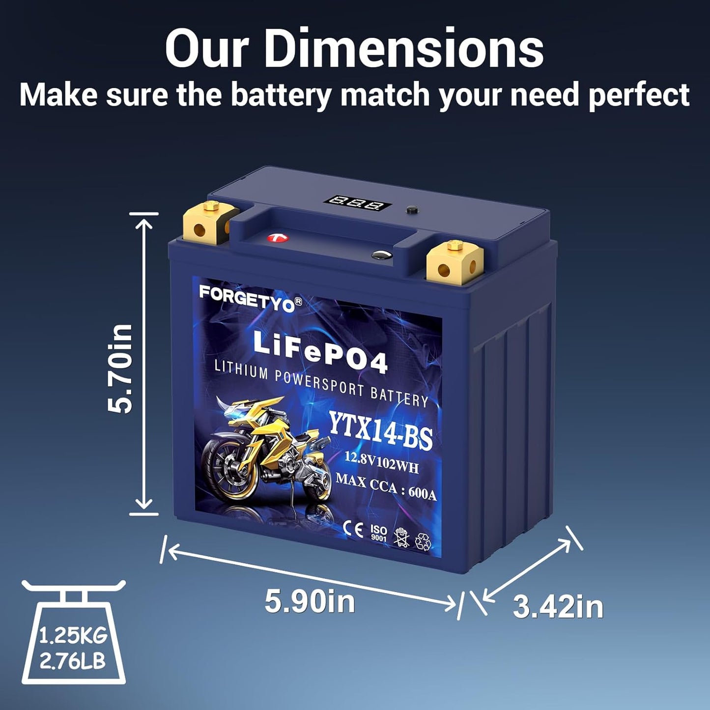 YTX14-BS Lithium Motorcycle Battery, ATV Battery 12V 8AH 600CCA Compatible with Yamaha Scooter Snowmobile Jet Ski, Scooter, PWC & More