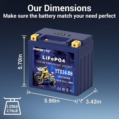 YTX14-BS Lithium Motorcycle Battery, ATV Battery 12V 8AH 600CCA Compatible with Yamaha Scooter Snowmobile Jet Ski, Scooter, PWC & More